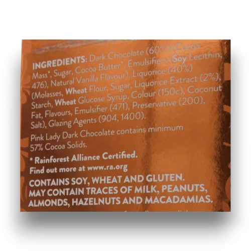 Ingredients list of Pink Lady - Dark Chocolate Liquorice Bullets (200g box).