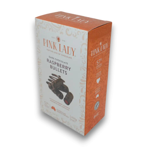 Dark Chocolate Raspberry Bullets 200g box by Pink Lady, premium Australian-made confectionery from The Professors.