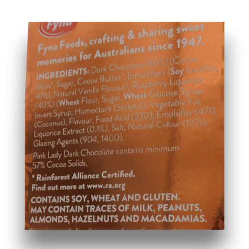 Ingredients list of Pink Lady - Dark Chocolate Raspberry Bullets (200g box).