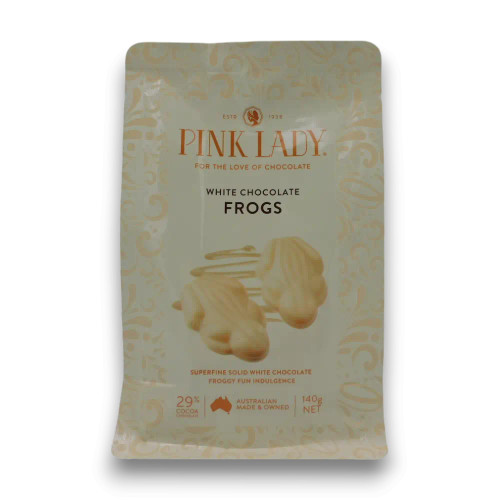 Pink Lady White Chocolate Frogs 140g pouch featuring frog-shaped white chocolates from The Professors Online Lolly Shop. Pink Lady White Chocolate Frogs 140g pouch featuring frog-shaped white chocolates from The Professors Online Lolly Shop.