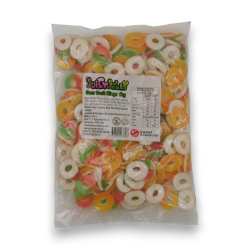 Juicy Jelly Sour Fruit Rings 1kg bag with colourful sugar-coated gummy rings from The Professors Online Lolly Shop. Juicy Jelly Sour Fruit Rings 1kg bag with colourful sugar-coated gummy rings from The Professors Online Lolly Shop.