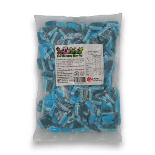 Juicy Jelly Sour Blueberry Slices 1kg bag showing bright blue sour-coated gummies from The Professors Online Lolly Shop. Juicy Jelly Sour Blueberry Slices 1kg bag showing bright blue sour-coated gummies from The Professors Online Lolly Shop.