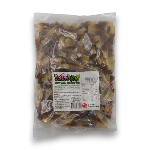 Juicy Jelly Sour Cola Bottles 1kg bag showing brown and clear cola-shaped sour gummies from The Professors Online Lolly Shop. Juicy Jelly Sour Cola Bottles 1kg bag showing brown and clear cola-shaped sour gummies from The Professors Online Lolly Shop.