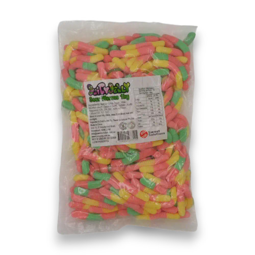 Juicy Jelly Sour Worms 1kg bag showing colourful sour-coated gummy worms from The Professors Online Lolly Shop. Juicy Jelly Sour Worms 1kg bag showing colourful sour-coated gummy worms from The Professors Online Lolly Shop.