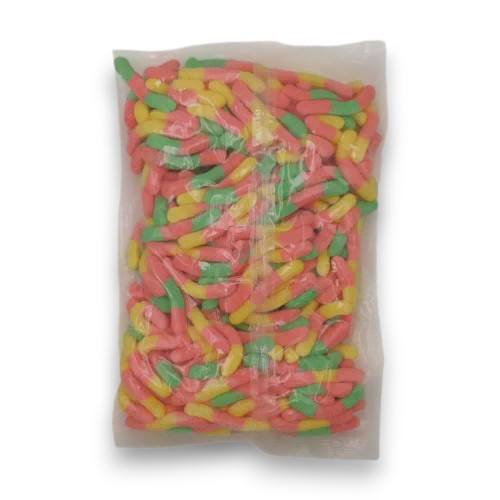 Multicoloured sour gummy worms by Juicy Jelly in 1kg bulk bag from The Professors Online Lolly Shop.