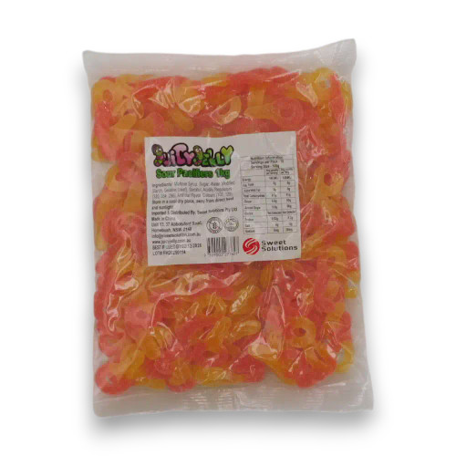 Juicy Jelly Sour Pacifiers 1kg bag featuring red, yellow, and orange sour gummy lollies from The Professors Online Lolly Shop. Juicy Jelly Sour Pacifiers 1kg bag featuring red, yellow, and orange sour gummy lollies from The Professors Online Lolly Shop.