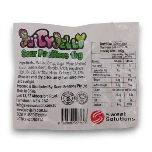 Nutritional information of Juicy Jelly - Sour Pacifiers (1kg bag | ~250 x 4g pcs).