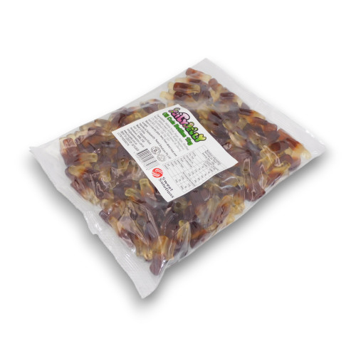 Oil-finish cola gummy bottles by Juicy Jelly in 1kg bag for retail and event use from The Professors Online Lolly Shop.