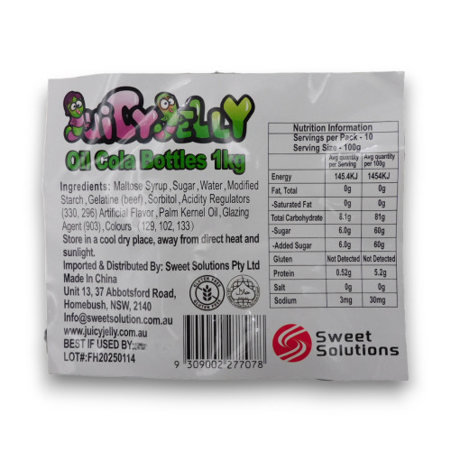 Nutritional information of Juicy Jelly - Oil Cola Bottles (1kg bag | ~250 x 4g pcs).
