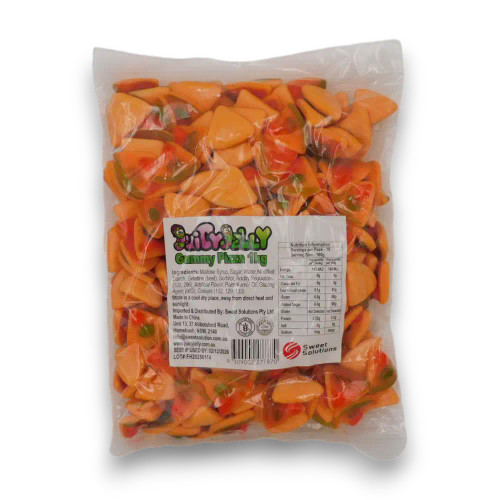 Juicy Jelly Gummy Pizza 1kg bag featuring novelty pizza-shaped fruity gummies from The Professors Online Lolly Shop. Juicy Jelly Gummy Pizza 1kg bag featuring novelty pizza-shaped fruity gummies from The Professors Online Lolly Shop.