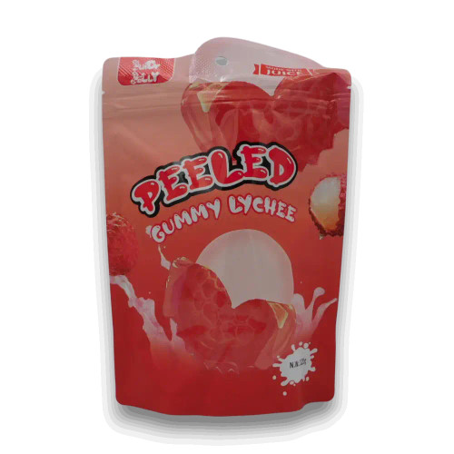 Juicy Jelly Peeled Gummy Lychee 120g bag featuring peeled fruit-shaped lychee gummies from The Professors Online Lolly Shop. Juicy Jelly Peeled Gummy Lychee 120g bag featuring peeled fruit-shaped lychee gummies from The Professors Online Lolly Shop.