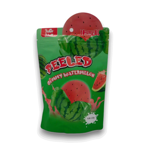 Juicy Jelly Peeled Gummy Watermelon 120g bag featuring peeled fruit-shaped watermelon gummies from The Professors. Juicy Jelly Peeled Gummy Watermelon 120g bag featuring peeled fruit-shaped watermelon gummies from The Professors.