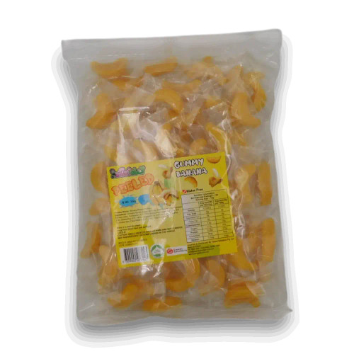 Juicy Jelly Peeled Gummy Banana 1kg bag showing bright yellow banana-shaped gummies from The Professors Online Lolly Shop. Juicy Jelly Peeled Gummy Banana 1kg bag showing bright yellow banana-shaped gummies from The Professors Online Lolly Shop.