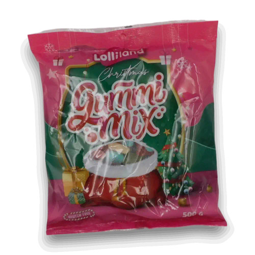 Lolliland Christmas Gummi Mix 500g bag featuring assorted red, white, and green gummies from The Professors. Lolliland Christmas Gummi Mix 500g bag featuring assorted red, white, and green gummies from The Professors.