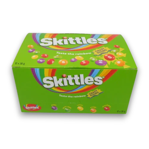 Skittles Mini Tubes Crazy Sours display box containing twelve 30g sour fruit flavoured tubes.