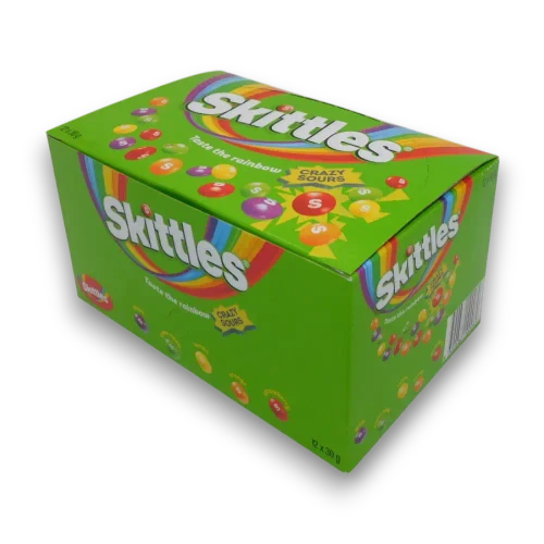 Skittles Mini Tubes Crazy Sours display unit with 12 x 30g tubes available at The Professors Online Lolly Shop.