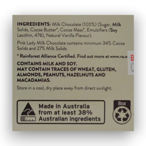 Pink Lady Mini Bunnies Milk Chocolate 72 x 15g display unit ingredients panel, available at The Professors Online Lolly Shop.