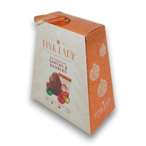 Elegant 180g Pink Lady Milk Chocolate Santas and Baubles box with decorative design, from The Professors Online Lolly Shop.