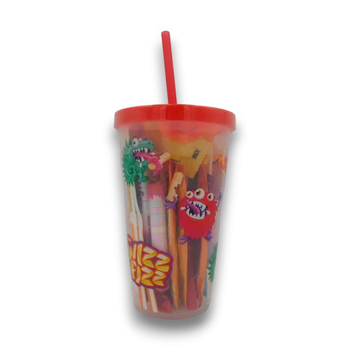 Wizz Fizz Christmas Tumbler Cup 141g showing assorted sherbet treats inside a monster-themed cup with straw.