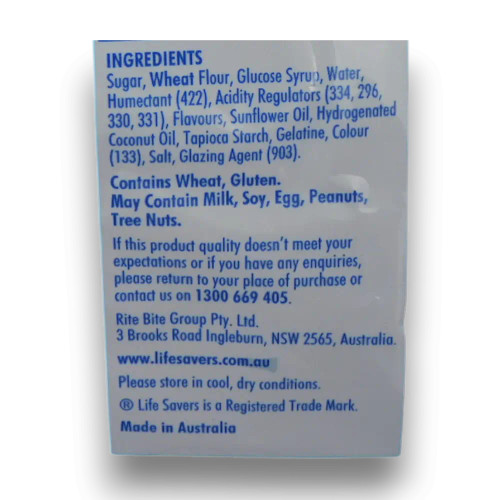 Ingredients list of Life Savers - Blue Raspberry Sherbert Fizz Stix (200g bag).