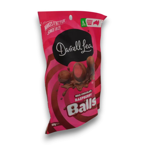 Milk Chocolate Raspberry Balls by Darrell Lea in retail pouch, showing coated raspberry liquorice centres, available at The Professors.