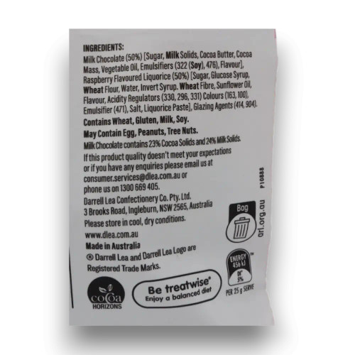 Ingredients list of Darrell Lea - Milk Chocolate Chewy Raspberry Balls (160g pouch).
