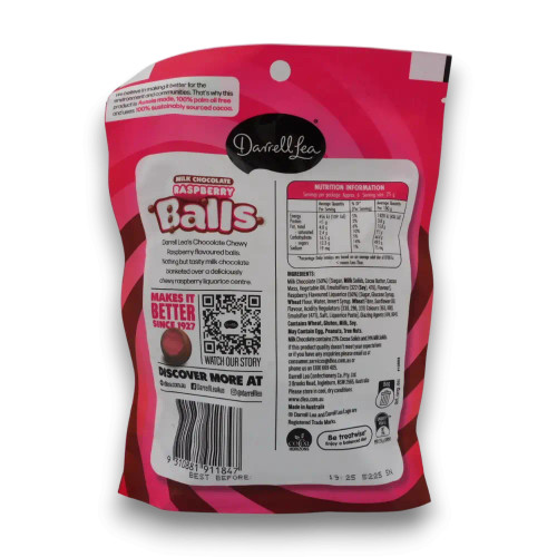 Back of Darrell Lea Milk Chocolate Chewy Raspberry Balls 160g pouch with nutrition and ingredient details.