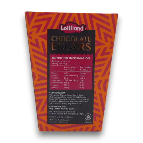 Lolliland Chocolate Eclairs chewy caramel sweets with creamy chocolate filling, available at The Professors Online Lolly Shop.