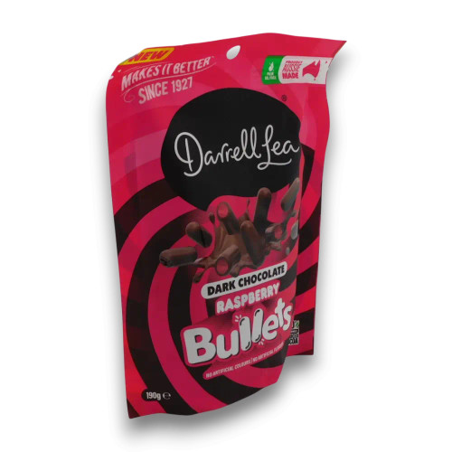Darrell Lea Dark Chocolate Raspberry Bullets 190g showing dark chocolate coating and raspberry centres, available at The Professors.