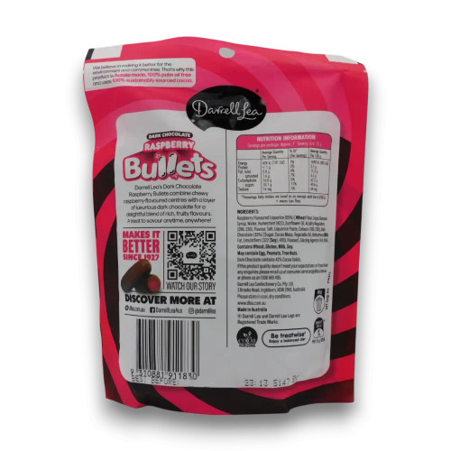 Darrell Lea Dark Chocolate Raspberry Bullets 190g bag with Australian made branding, available at The Professors Online Lolly Shop.