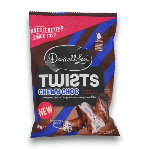 Darrell Lea Dark Chocolate Chewy Choc Twists 180g bag featuring dark chocolate coating and chewy centre, available at The Professors.