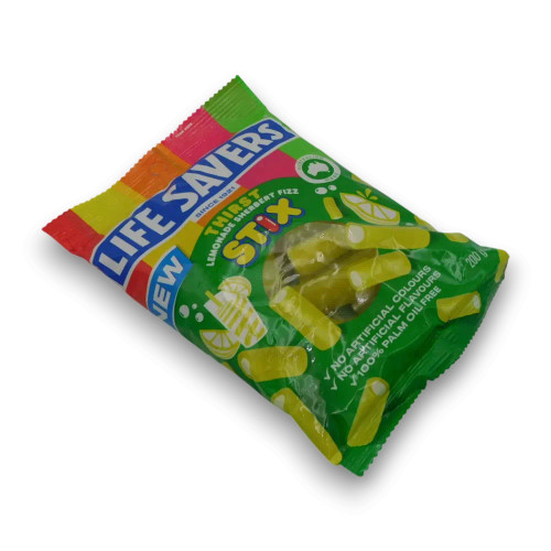 Life Savers Thirst Lemonade Sherbet Fizz Stix with fizzy sherbet centres, available at The Professors Online Lolly Shop.