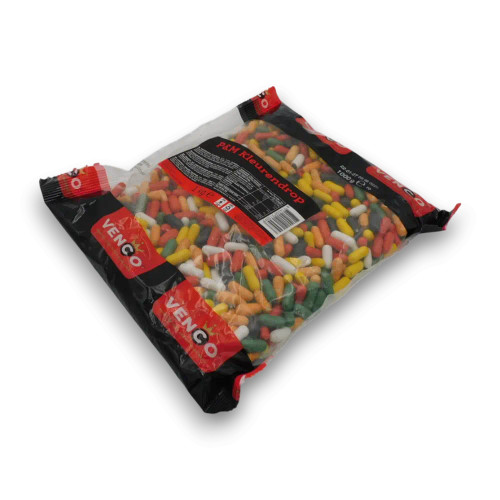 Venco coloured liquorice mix inside 1kg bag, available at The Professors Online Lolly Shop.