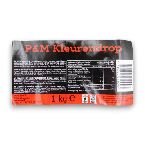 Nutritional information of Venco - P&M Kleurendrop - Coloured Licorice (1kg bag).