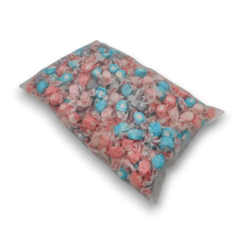 Assorted Berries & Cream Salt Water Taffy in a 2.3kg bag featuring blueberry, raspberry and strawberry cream flavours, available at The Professors