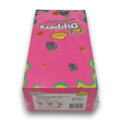 Joojoos Gel Dippers fruity gummy sticks and sour dip display unit, available at The Professors Online Lolly Shop.