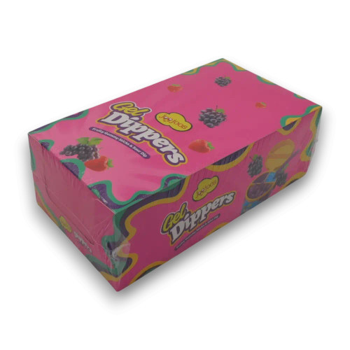 Joojoos Gel Dippers display unit containing 8 individual 80g tubs, available at The Professors Online Lolly Shop.