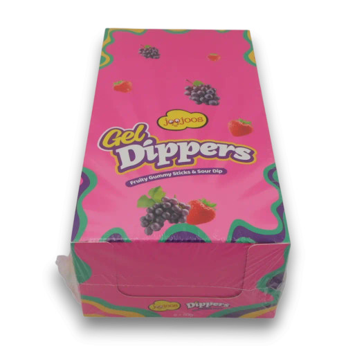 Joojoos Gel Dippers pink display box featuring strawberry and grape flavours with dipping gel tubs, available at The Professors.