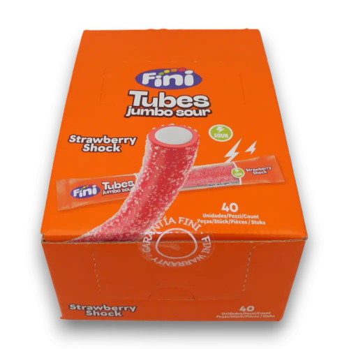 Fini Tubes Jumbo Sour Strawberry Shock box showing strawberry jelly tube with white centre, 40 pack display.