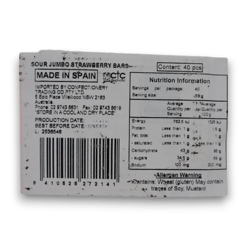 Nutritional panel of Fini - Tubes Jumbo Sour - Strawberry Shock (Display unit | 40 x 50g packs).