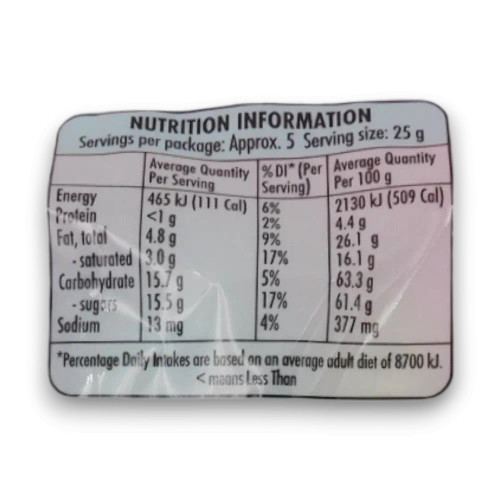 Nutritional information of Darrell Lea - Speckled Easter Eggs (120g bag).