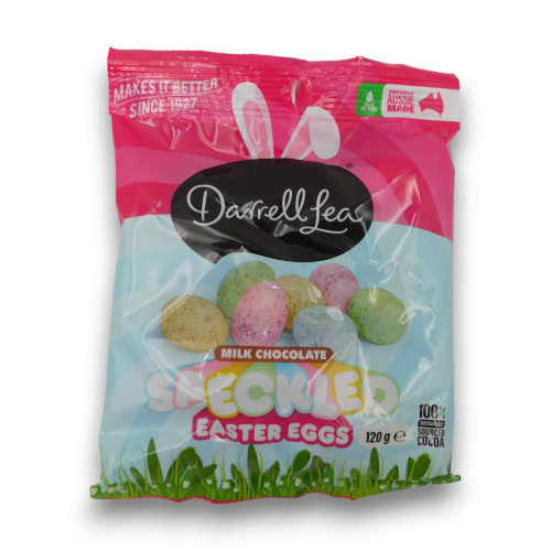 Darrell Lea Speckled Easter Eggs 120g bag front packaging with bunny design, available at The Professors Online Lolly Shop.