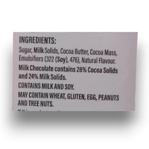 Ingredients list of Darrell Lea - Solid Foiled Easter Hunt Eggs (110g bag).