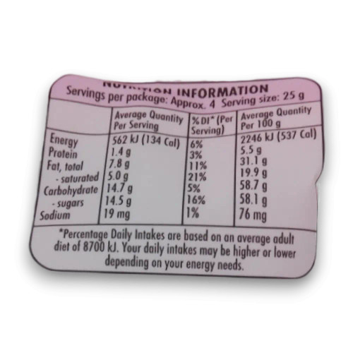 Nutritional information of Darrell Lea - Solid Foiled Easter Hunt Eggs (110g bag).