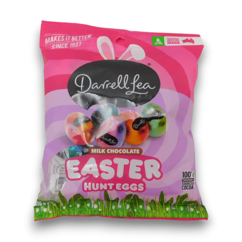Darrell Lea Solid Foiled Easter Hunt Eggs 110g bag milk chocolate eggs wrapped in foil, available at The Professors Online Lolly Shop.