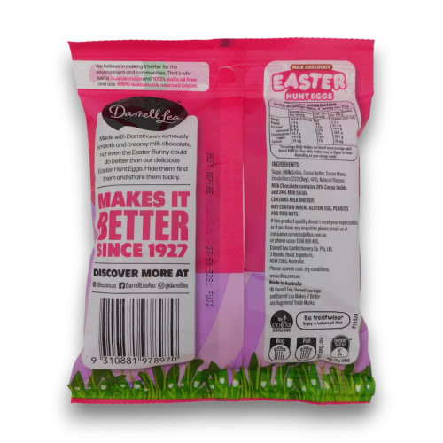 Darrell Lea Solid Foiled Easter Hunt Eggs 110g bag showing colourful foil-wrapped chocolate eggs, available at The Professors Online Lolly Shop.