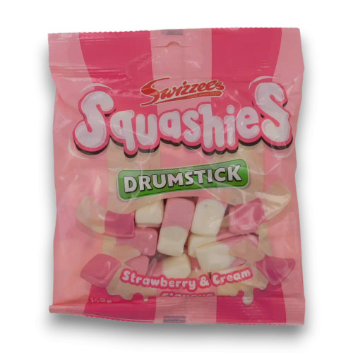 Swizzels Squashies Drumstick Strawberries & Cream 140g bag, soft strawberry and cream-flavoured gummies, stocked at The Professors.