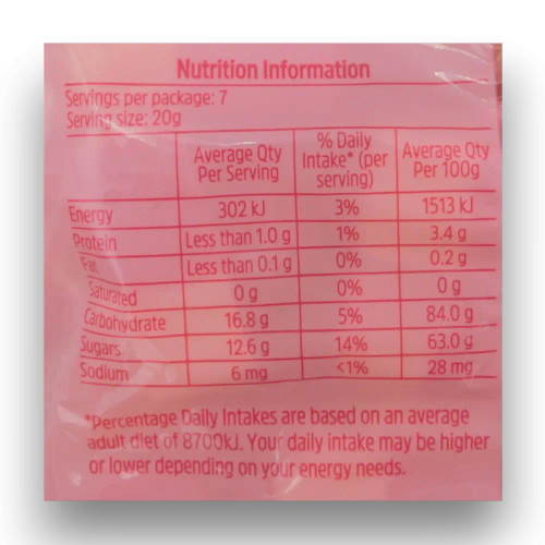 Nutritional information of Swizzels - Squashies - Drumstick - Strawberries and Cream (140g bag).