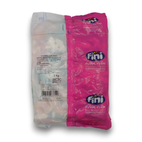 Back of Fini Crocodiles Soft Jellies 2kg bag with nutrition panel, supplied by The Professors Online Lolly Shop.