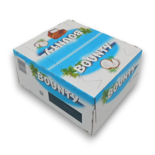 Bounty Milk Chocolate Bars display unit with 24 individually wrapped 50g coconut chocolate bars at The Professors Online Lolly Shop.